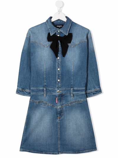 Dsquared2 Kids Short Dress In Blue Denim With Black Bow
