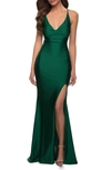 LA FEMME CROSS BACK SATIN JERSEY TRUMPET GOWN