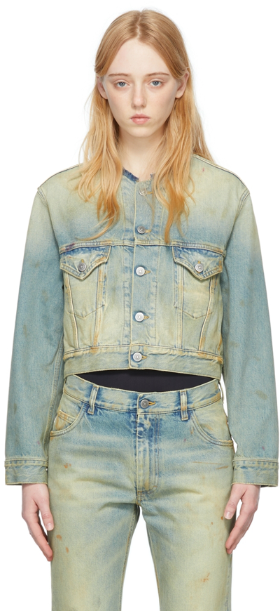 Maison Margiela Distressed-effect Collarless Denim Jacket In Blue