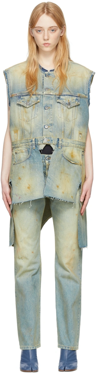 Maison Margiela Asymmetrical Distressed Denim Vest In Green