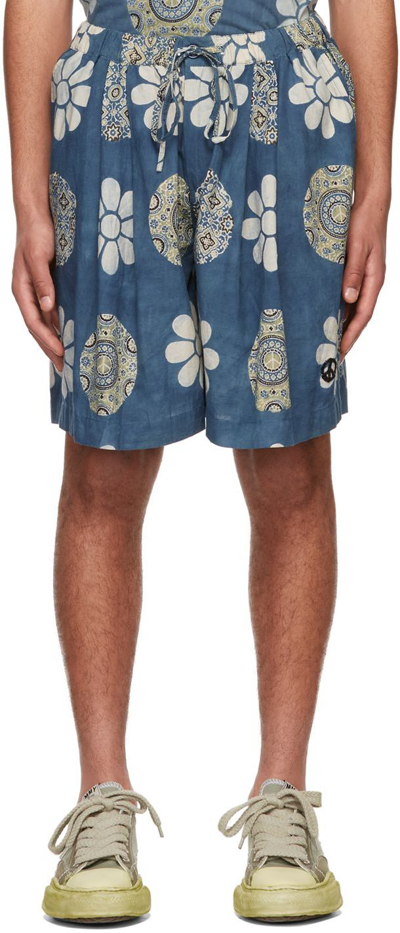 Story Mfg. Bridge Wide-leg Printed Organic Cotton-poplin Drawstring Shorts In Indigo Flower Portal