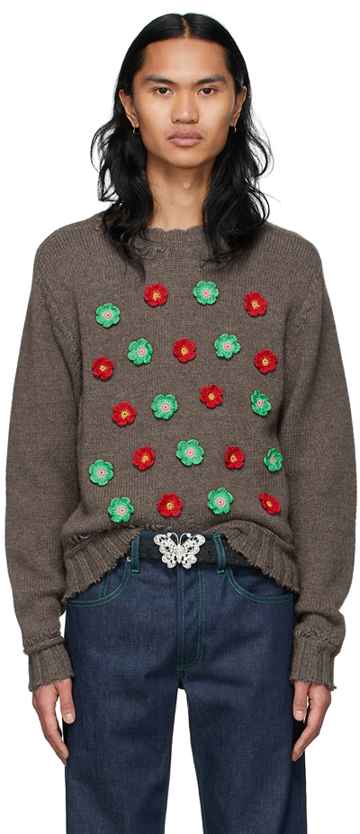 Phipps Brown Floral Appliqué Organic Wool Sweater