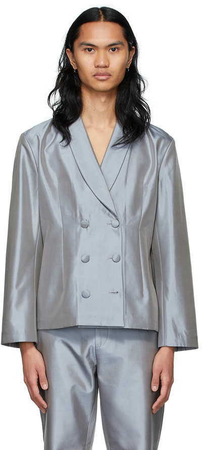 Erl Ssense Exclusive Grey Silk Blazer In Blue