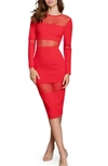 Dress The Population Ilaria Mesh-insert Bodycon Dress In Rouge