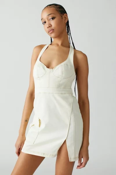 urban outfitters white denim dress Uo Jenny Bustier Mini In Ivory Size:4x Bridget Denim Shift Dress green olive dress Bdg denim strapless dress 100% polyester.