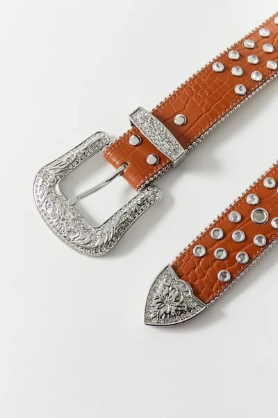 Urban Outfitters Allover Rhinestone Western Belt In Tan