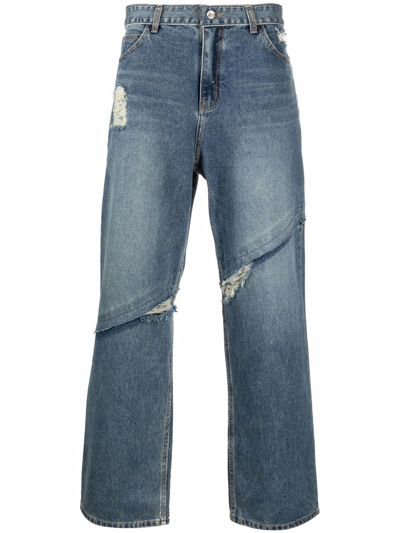 Ader Error Distressed-finish Straight-leg Jeans In Blue