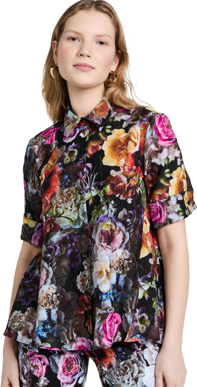 Adam Lippes Short Sleeve Trapeze Top In Printed Voile In Black Floral