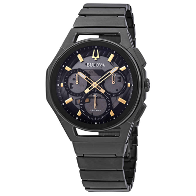 Bulova Men's Chronograph Curv Black Stainless Steel Bracelet Watch 44mm In Black / Dark / Gold Tone / Grey