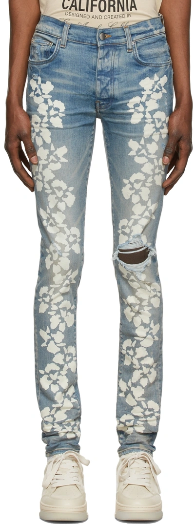 Amiri Hibiscus Stencil Blue Distressed Skinny Jeans