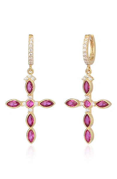Gabi Rielle 14k Gold Plated Sterling Silver Ruby & Cz Cross Dangle Earrings