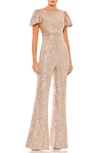 Mac Duggal Sequined Puff Shoulder Illusion Cut Out Jumpsuit In Blush