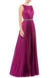 Mac Duggal Pleated High Neck Raglan Long Sleeve Side Slit Gown In Berry
