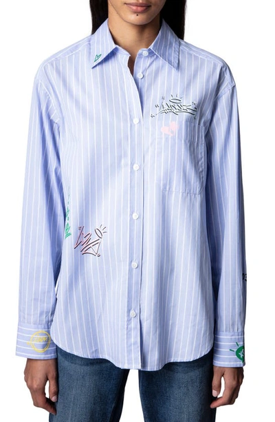 Zadig & Voltaire Tais Raye Tag Stripe Cotton Graphic Shirt In Bleu