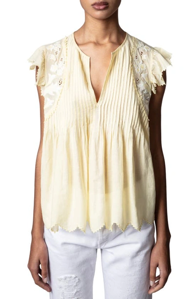 Zadig & Voltaire Tiara Floral Embroidered Flutter Sleeve Pleated Top In Yellow