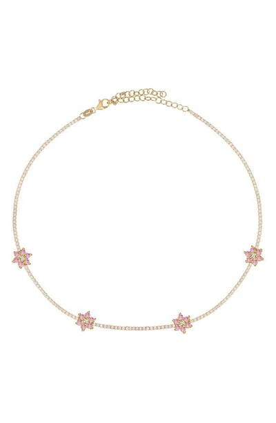 Gabi Rielle 14k Gold Plated Sterling Silver Pink Cz Flower Tennis Choker Necklace
