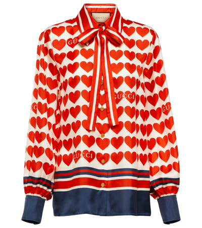Gucci Heart-print Silk-twill Blouse In Red,blue