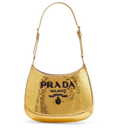 Prada Cleo Medium Sequined Shoulder Bag In Platino+nero
