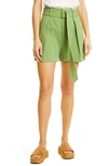 Vince Belted Cotton And Linen-blend Twill Shorts In Kiwi