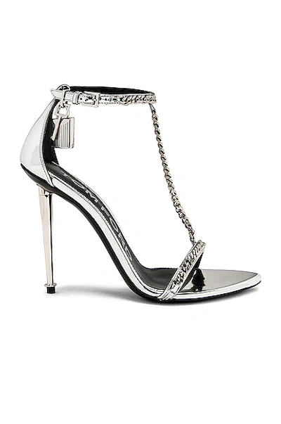 Tom Ford Mirror Padlock T-strap Chain Leather Sandals In Silver