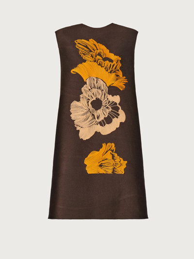 Ferragamo Embroidered-floral Detail Dress In Braun
