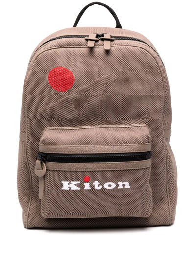 Kiton Backpack In Textured Technical Fabric With Leather Inserts In Fango
