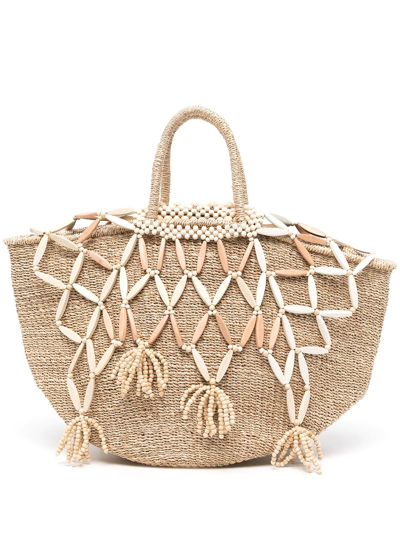 Aranaz Woven Beaded Tote Bag In Braun