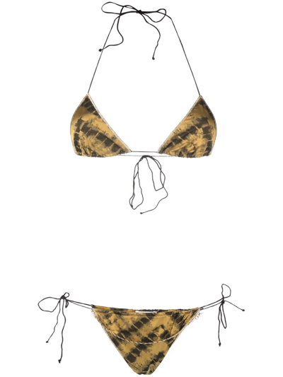 Oseree Tie-dye Print Halterneck Bikini In Gold