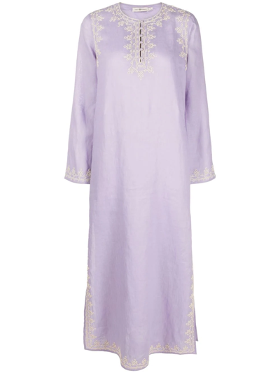 Tory Burch Embroidered-trim Linen Tunic Dress In Lilac