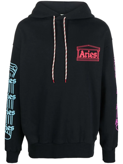 Aries Logo-print Drawstring Hoodie In Black