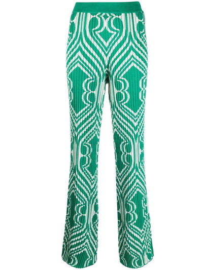 Etro Woman Palazzo Pants In Jacquard Plisse With Green Geometric Pattern