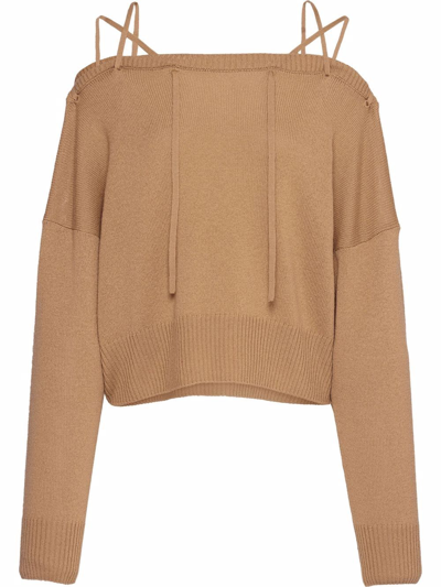 Prada Tie-fastening Off-shoulder Jumper In F0040 Cammello