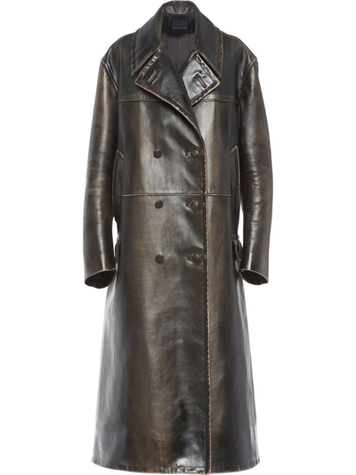 Prada Double-breasted Leather Coat In Black