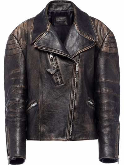 Prada Black Vintage-effect Leather Biker Jacket