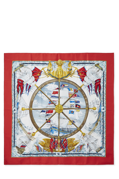 Pre-owned Hermes Red & Multicolor 'vive Le Vent' Silk Scarf 90