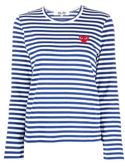 Comme Des Garçons Play Striped Cotton Red Heart T恤 In Navy/white