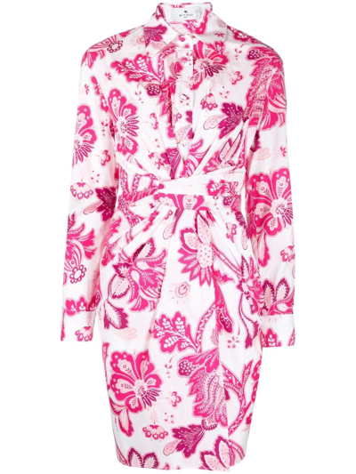 Etro Short White Chemisier Dress With Pink Floral Motifs