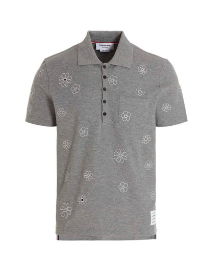 Thom Browne Floral Embroidery Polo Shirt In Gray