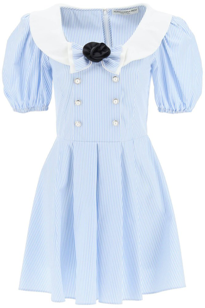 Alessandra Rich Rosette Striped Cotton-poplin Mini Dress In White,blue