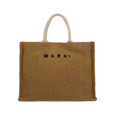 Marni Logo Embroidered Woven Tote Bag In Brown