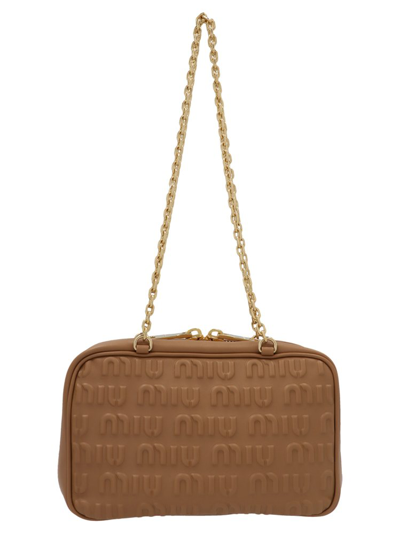 Miu Miu Logo-embossed Leather Shoulder Bag In Brown