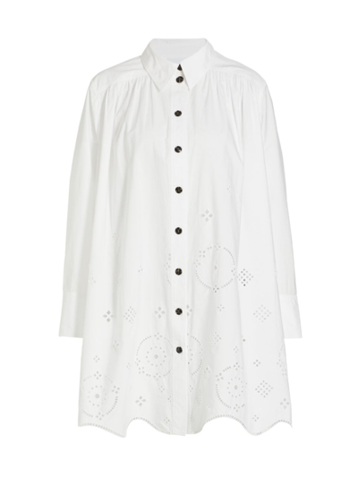 Ganni Broderie Anglaise Wide Mini Shirt Dress In White