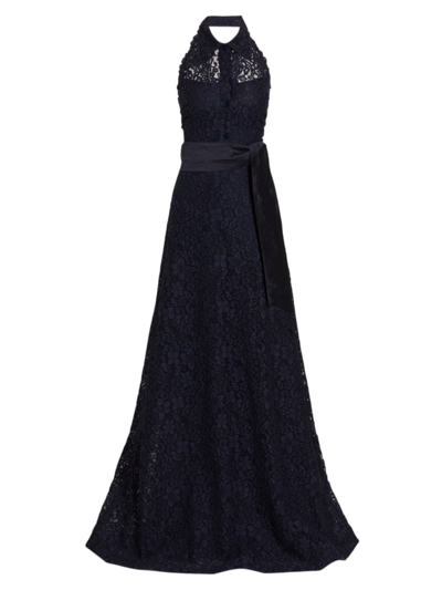 Teri Jon By Rickie Freeman Floral Lace Collared A-line Gown In Navy