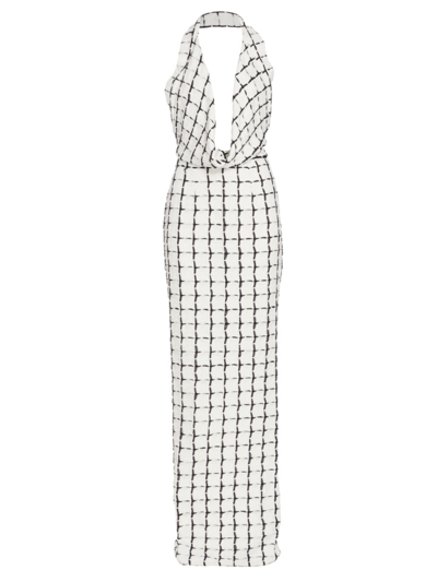 Frederick Anderson Woven Cowl Neck Column Gown In Black White