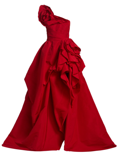 Marchesa One-shoulder Rosette Ballgown In Red