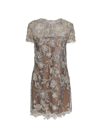 Marchesa Floral-embroidered Tulle Shift Mini Dress In Silver