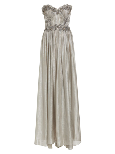 Marchesa Strapless Crystal Embellished Metallic Chiffon Gown In Silver