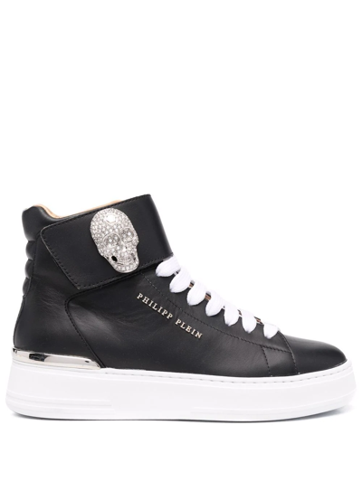 Philipp Plein Crystal-skull Leather Sneakers In Black