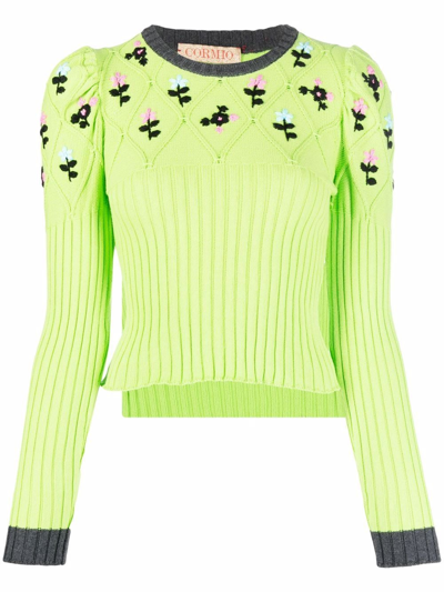 Cormio Hand Embroidered Puff Sleeve Cotton Knit Sweater In Green