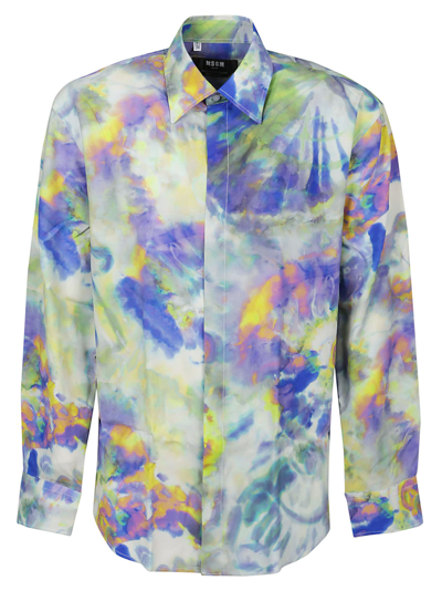 Msgm Tie-dye Print Shirt In Ink Blue/yellow